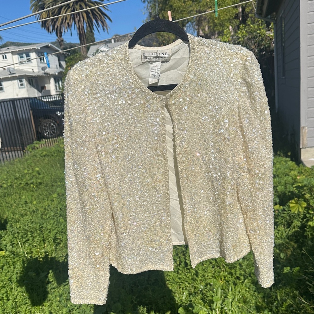 Vintage Iconic 90s Niteline by Della Roufogali Sparkling Sequined Cream Cardigan